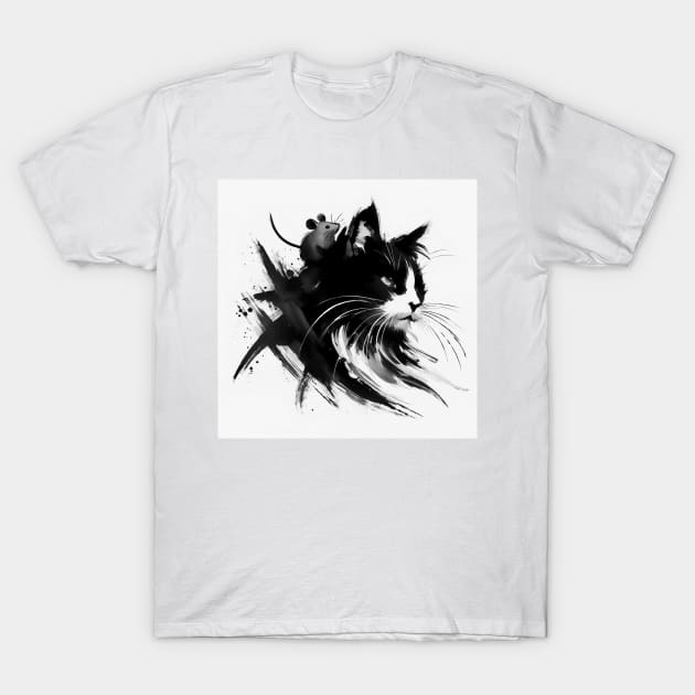 Sumie Japanese Brushstroke Cat And Mouse Portrait T-Shirt by TomFrontierArt